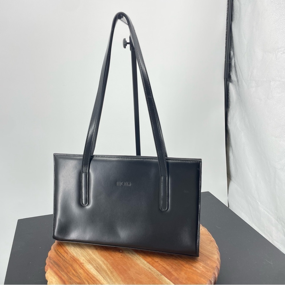 Black Leather Shoulder Tote Bag by Momo